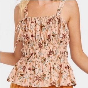 Universal Thread Peach Floral Smocked Tank with Tie Strap
